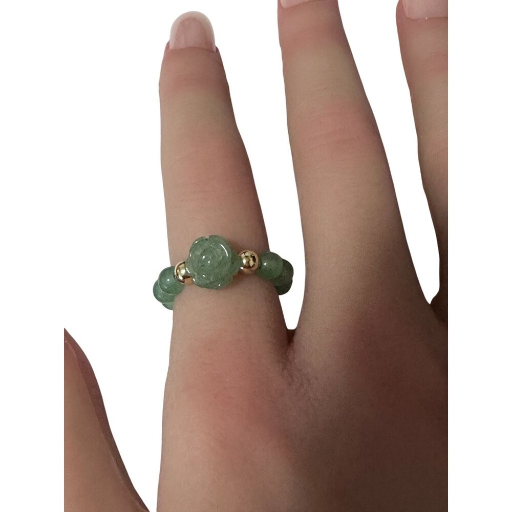 Aventurine Flower Gemstone Beads Stretch Ring with 14K Gold Bead - Picture 9 of 11